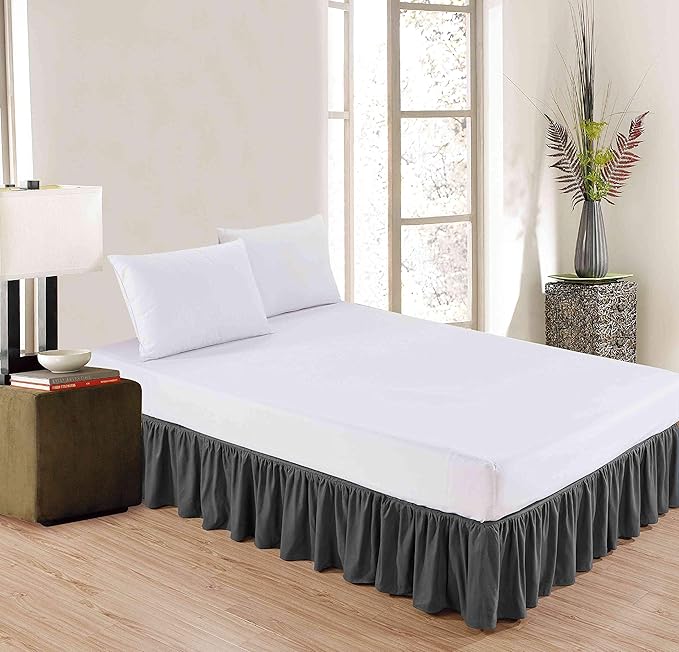 Sheets & Beyond Wrap Around Solid Microfiber Luxury Hotel Quality Fabric Bedroom Gathered Ruffled Bedding Bed Skirt 14 Inch Drop (King, Charcoal)