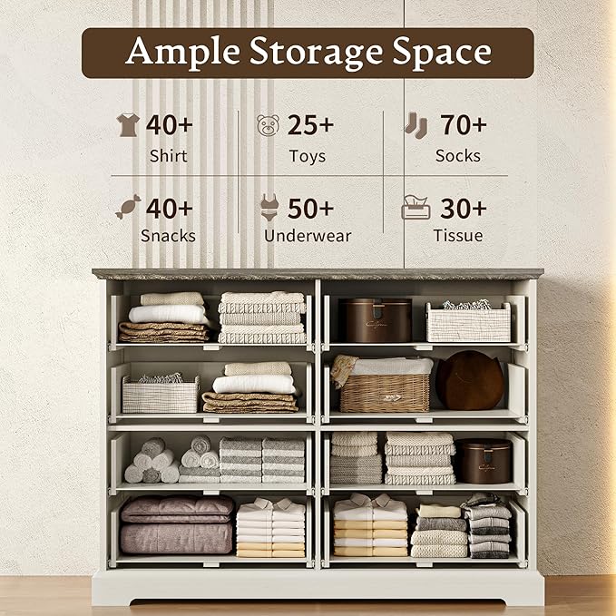 Farmhouse 8 Drawers Dresser for Bedroom, 48" Wide Wood Chest of Drawers with Deep Drawers & Bar Handles, Modern Dresser TV Stand, Rustic Wooden Closet Storage Organizer for Living Room, Hallway, White