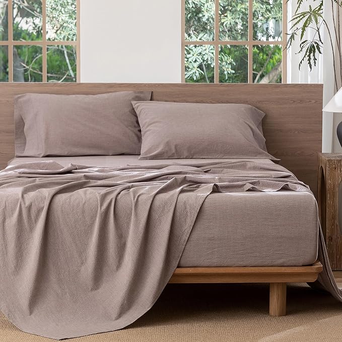 MooMee Bedding Sheet Set 100% Washed Cotton Linen Like Textured Breathable Durable Soft Comfy (Heathered Mauve Brown, Split King)