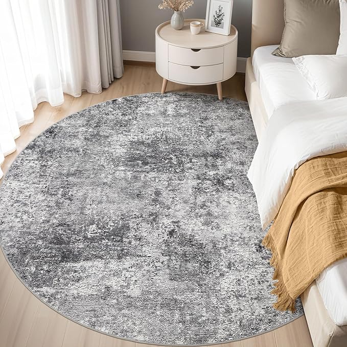 6ft Round Area Rug Living Room Rugs - 6x6 Washable Large Soft Indoor Neutral Modern Abstract Low Pile Rug Carpet for Bedroom Dining Room Farmhouse Home Office - Grey