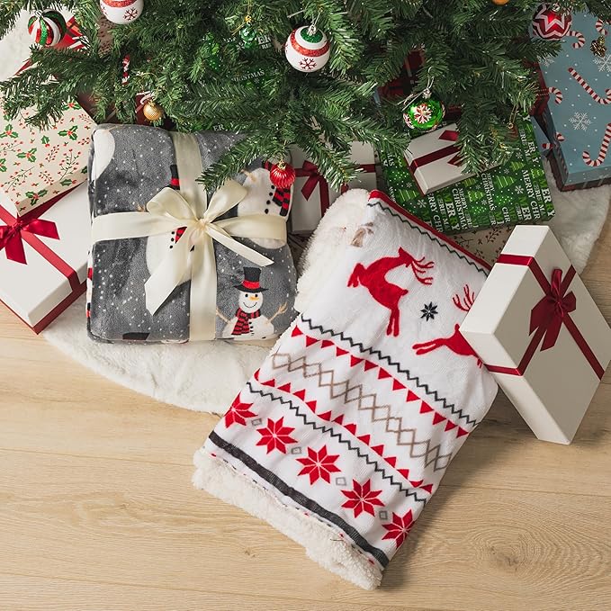 PAVILIA Premium Christmas Sherpa Throw Blanket, 50x60, Grey Snowman Cozy Fleece Holiday Blanket, Reversible Plush Winter Throw for Couch & Bed, Ultra Soft Warm
