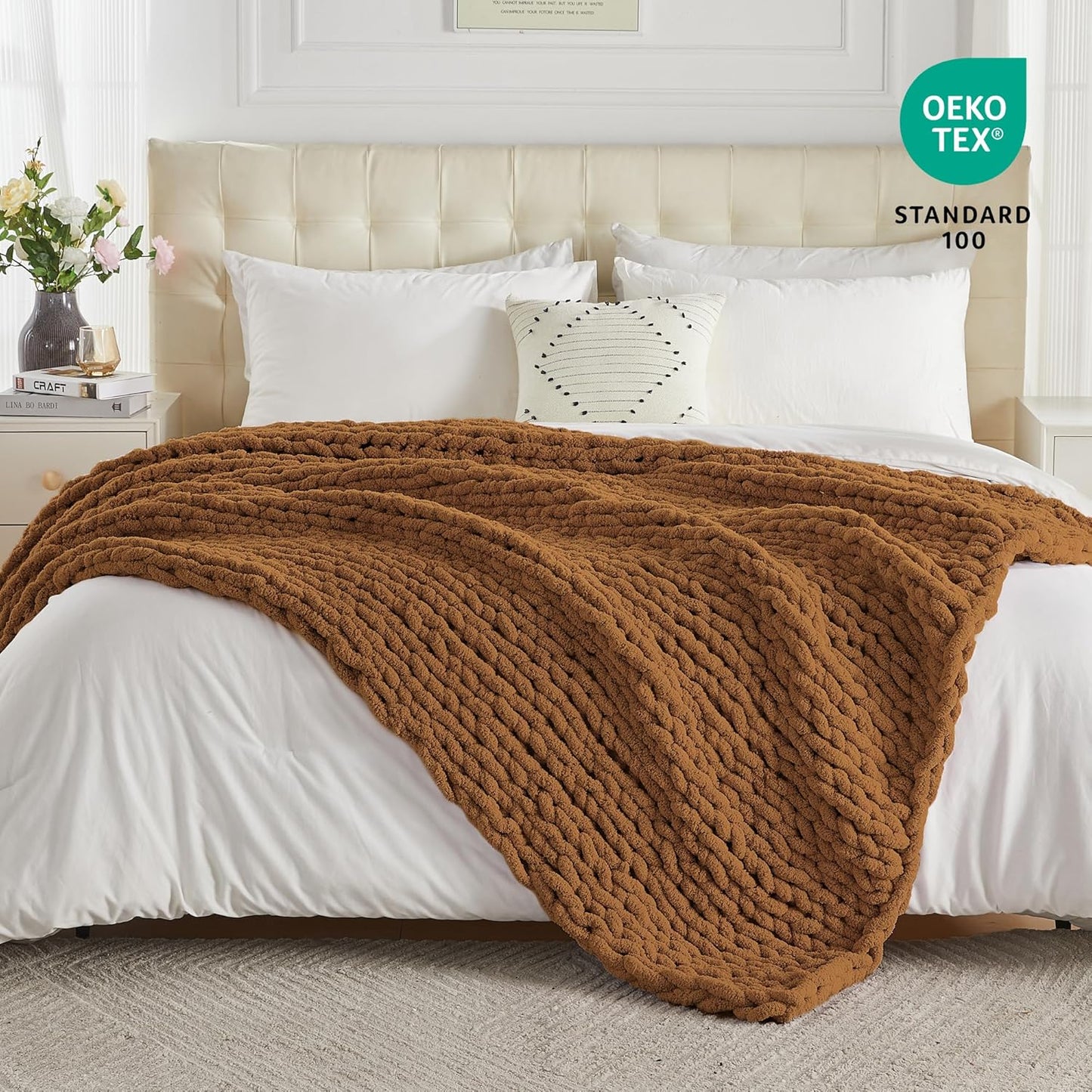 Carriediosa Chunky Knit Throw Blanket 50" X 60", 100% Hand Made Large Chenille Loop Yarn Soft Fluffy Throws for Couch Sofa Bed, Big Crochet Cozy Heavy Thick Cable Woven Blanket, Light Brown