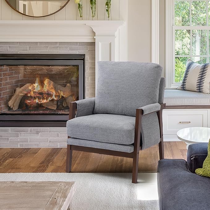 Grey Accent Chair for Bedroom & Living Room, Mid Century Modern Accent Arm Chair, Upholstered Anthropologie Accent Chair with Solid Wood Frame, Fabric