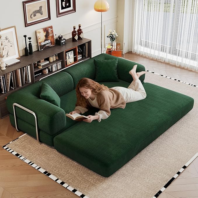 79" Convertible Sofa Bed, Corduroy Folding Pull Out Couch with Pillows, No Assembly Modern Boneless Couch Compression Sofa in Box, Floor Sofa with Support Rods for Living Room,Dark Green