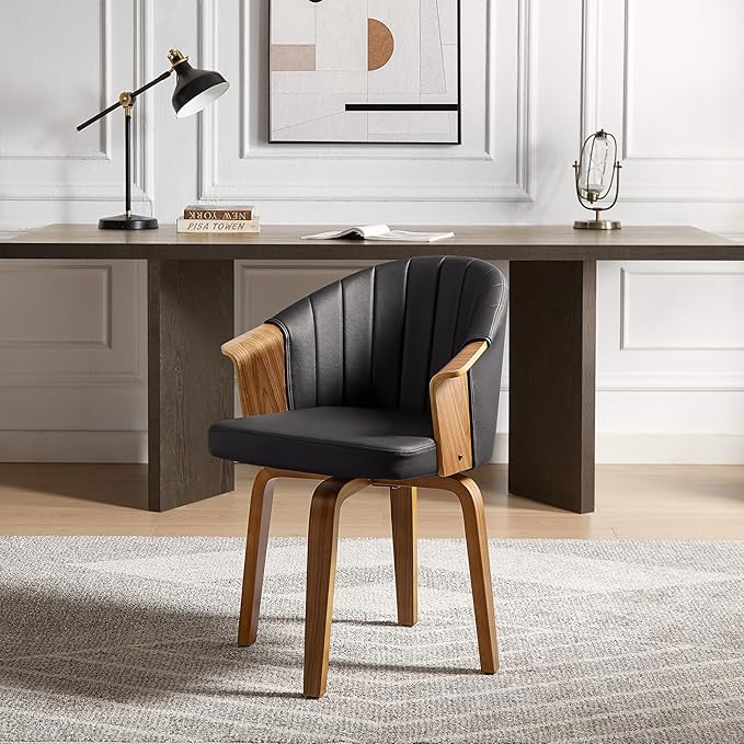 Art Leon Desk Chair No Wheels, Mid Century Modern Swivel Accent Chair, Faux Leather Home Office Desk Chair with Wood Legs for Living Room Bedroom Study, Black/Walnut