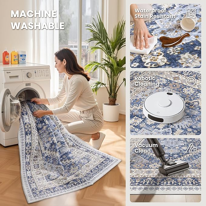 zesthome 6x9 Area Rug, Super Soft Washable Rugs for Living Room, Non-Slip Stain Resistant Vintage Rugs, Ultra-Thin Large Area Rugs (Blue/Beige,6'x9')