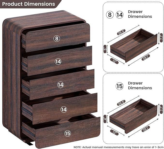 Walnut Dresser for Bedroom, Modern 5 Drawer Closet, Freestanding Dressers with Deep Drawers, Large Storage Organizer for Living Room, 29.5’’ W