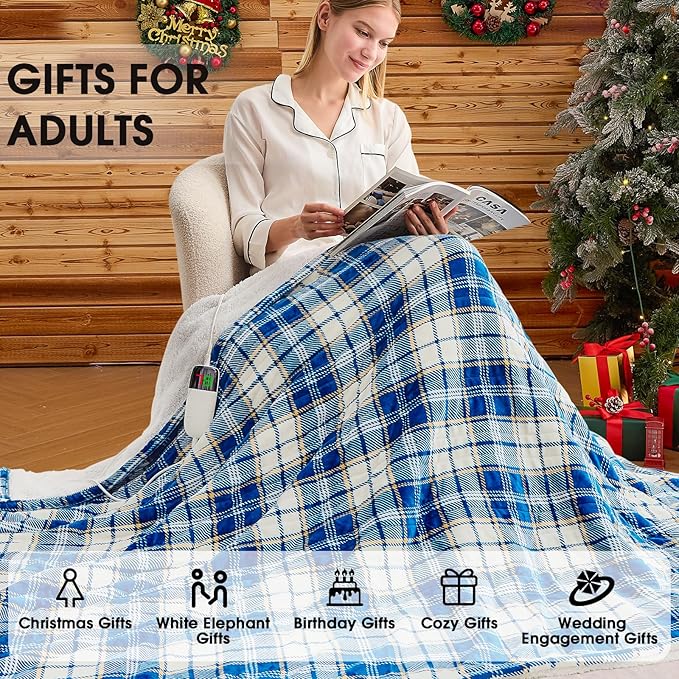 Heated Electric Blanket Twin Size,62X84 Heating Blanket with 10 Heats Levels&8 Hours Auto Off&Timer,Blue Plaid Soft Cozy Sherpa Blankets Warmer Gifts for Grandma Women Adult,Fast Heating Washable