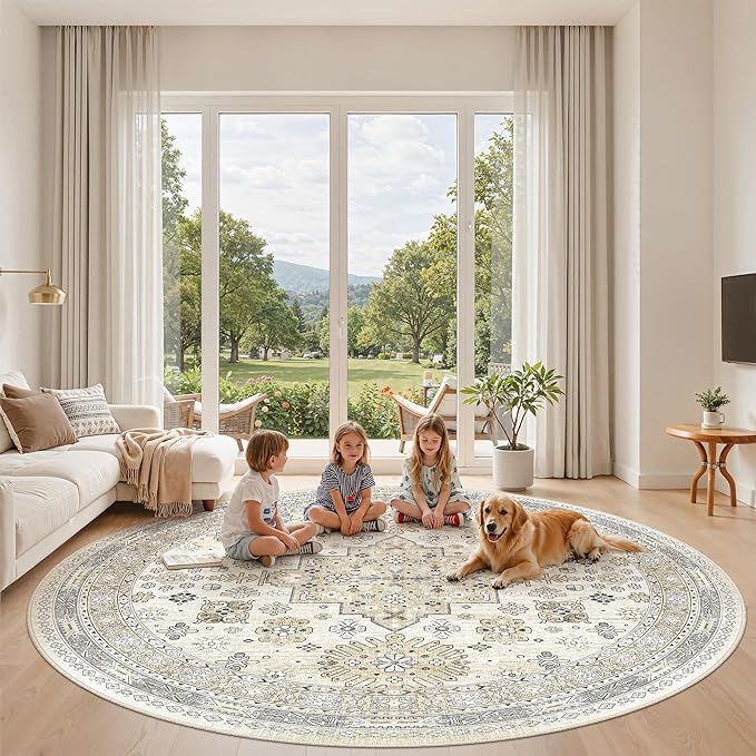 zesthome 9ft Round Rugs for Living Room, Non-Slip Washable Round Area Rugs, Ultra-Thin Large Circle Rugs, Soft Low Pile Rug for Bedroom, Kitchen - Vintage Stain Resistant Round Rug (Beige,9'x9')