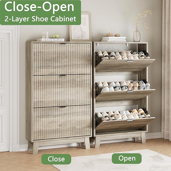 Shoe Cabinet with 3 Flip Drawers, 54" Tall Narrow Fluted Shoe Storage Organizer for Entryway, Hidden Slim Wooden Shoe Rack Cabinet for Front Door Entrance, Hallway, Living Room, Light Grey