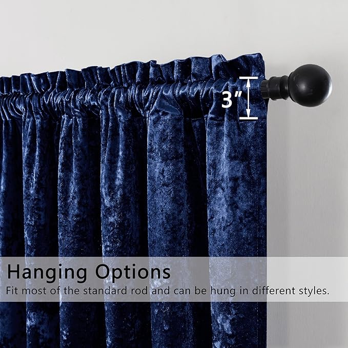 SMILETIME Navy Blue Crushed Velvet Curtains 52x96inch Rod Pocket Luxurious Thermal Insulated Soundproof Drapes Soft and Durable Light-Filtering Window Treatments for Living Room Bedroom, 2 Panels