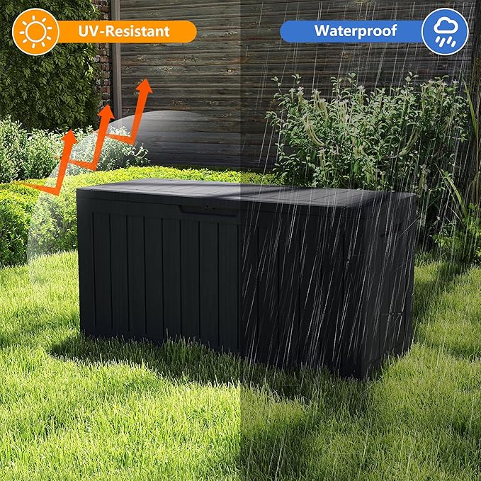100 Gallon Outdoor Storage Box Waterproof, Resin Deck Boxes with Lockable Lid & UV-Resistant for Patio, Pool, Garden Furniture Cushions & Accessories, Black