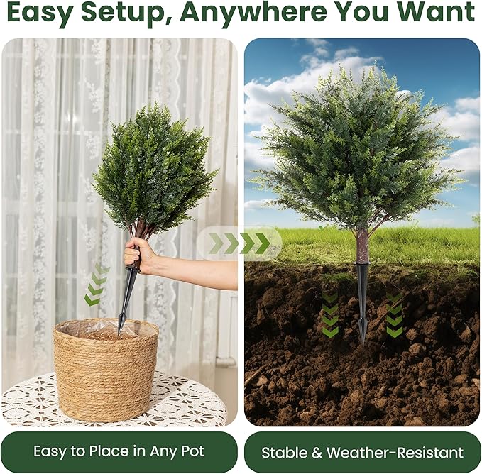 23.6" Artificial Topiary Cedar Trees with 4 Ground Stakes, Faux Outdoor Evergreen Shrubs, UV Resistant Fake Cedar Plants for Porch, Patio, Garden, Yard, Lawn, Landscape Decoration - 2 Pack