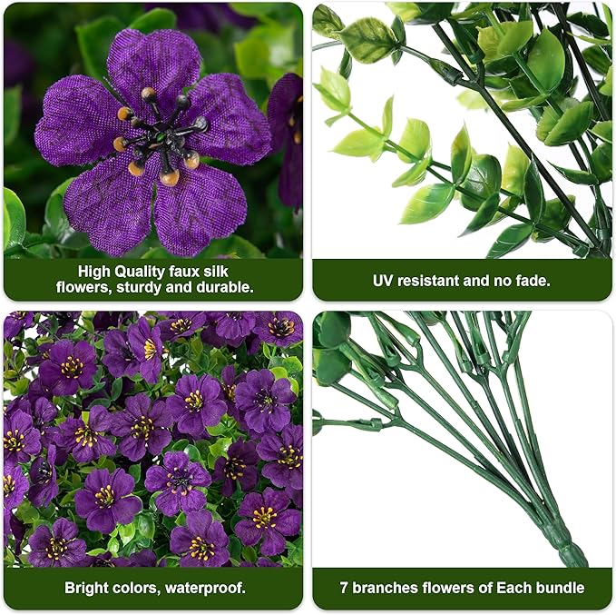 HyeFlora Artificial Flowers for Outdoor Indoor Garden Home Decoration, Faux Flower Daisy with Eucalyptus Leaves Fake Plants Greenery Boxwood Porch Patio, 12 Bundles (Purple 2)