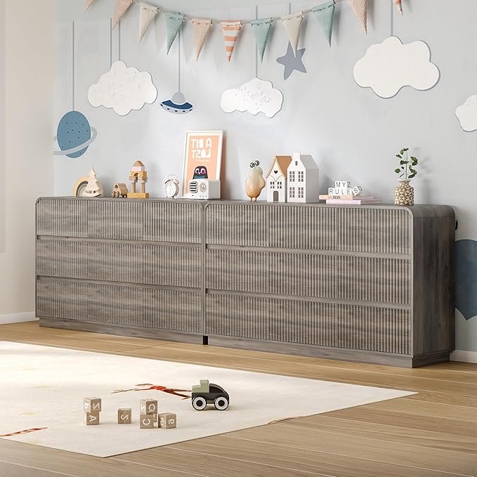 Dresser for Bedroom with 9 Drawers, Fluted Chest of Drawers with Round Curved Corner, Hidden Handles, Modern Wood Storage Organizer for Bedroom, Nursery, Living Room