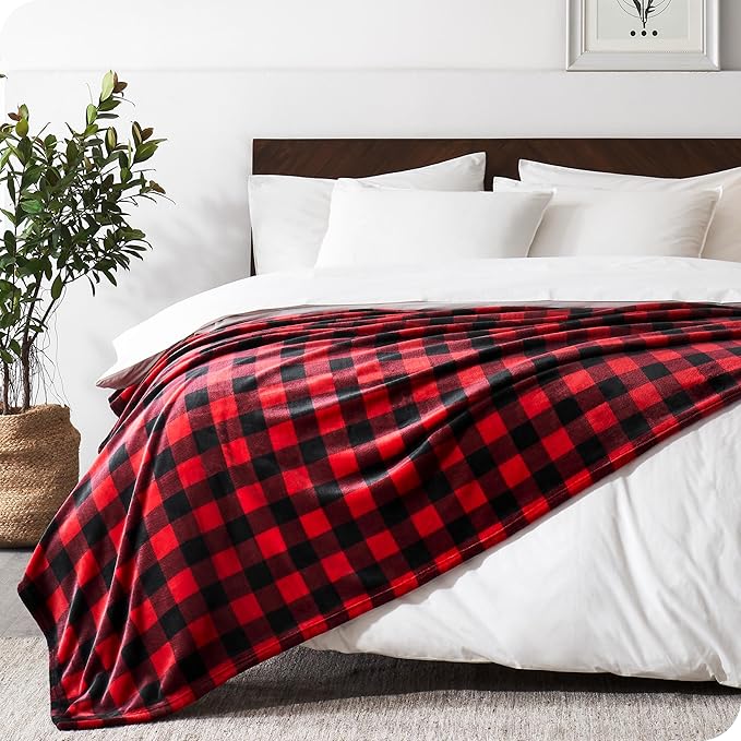 Bare Home Textured Fleece Blanket - Throw/Travel - Ultra-Soft Lightweight for Bed, Sofa, and Couch - Luxury Microplush - Cozy Warm Blanket (Throw/Travel, Buffalo Plaid - Red/Black)