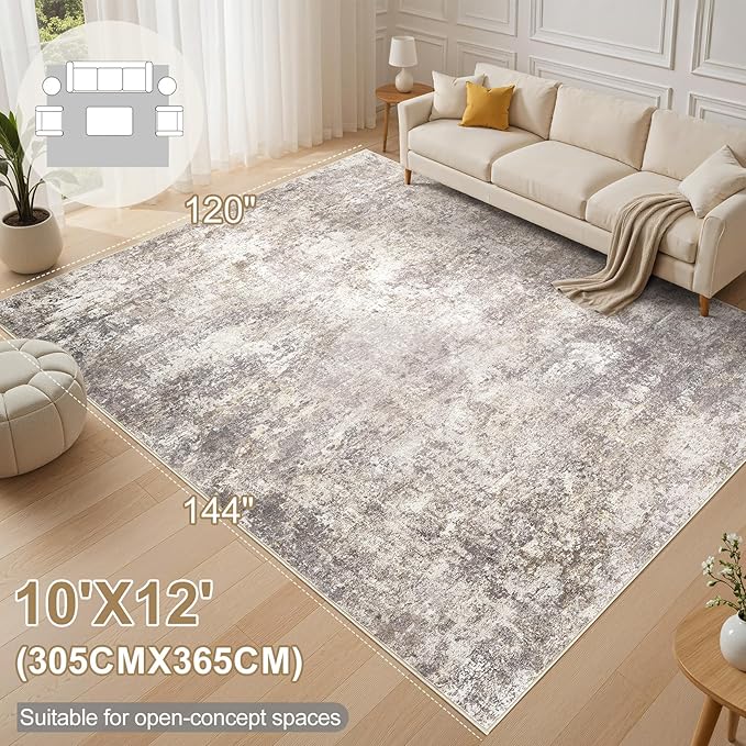 Area Rug Living Room Rugs - 10x12 Washable Large Soft Indoor Neutral Modern Abstract Low Pile Rug Carpet for Bedroom Dining Room Farmhouse Home Office - Brown
