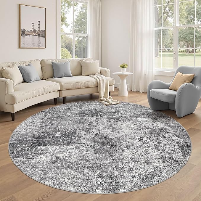 6ft Round Area Rug Living Room Rugs - 6x6 Washable Large Soft Indoor Neutral Modern Abstract Low Pile Rug Carpet for Bedroom Dining Room Farmhouse Home Office - Grey