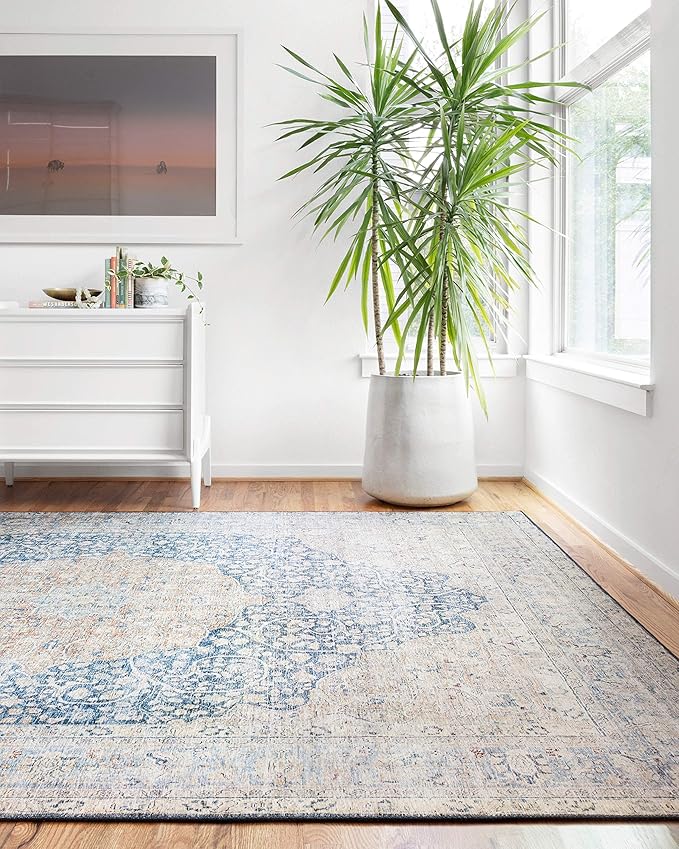 Loloi Layla Collection LAY-07 Blue/Tangerine 2'-0" x 5'-0" .13" Thick Accent Rug, Soft, Durable, Vintage Inspired, Distressed, Low Pile, Non-Shedding, Easy Clean, Printed, Living Room Rug