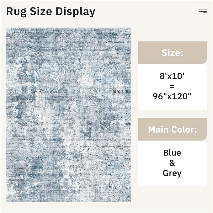 Abstract Rug 8x10 Large Living Room Rugs Neutral Modern Washable Area Rugs for Bedroom Dining Room Non-Slip Stain Resistant Foldable Thin Blue