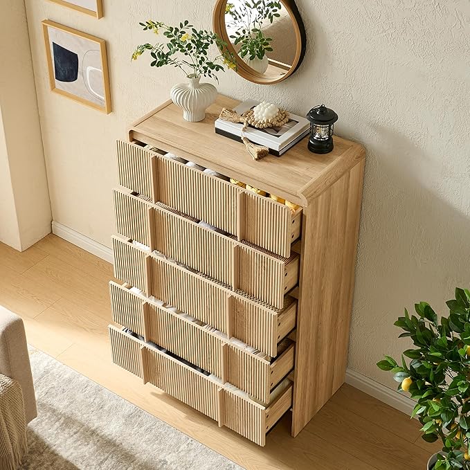 AMERLIFE Fluted 5 Drawer Dresser, 48" Tall Modern Chest of Storage Drawers with Pine Handles, Rounded Corners & Anti-Tip Design, Wood Closet Organizer for Bedroom, Living Room, Nursery, Natural Oak
