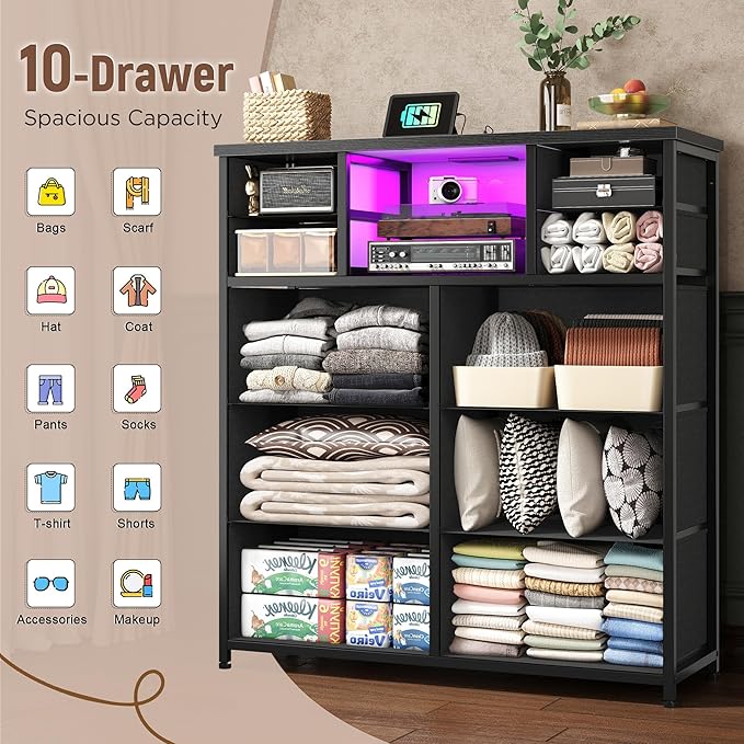 Dresser for Bedroom with 10 Drawers Featuring LED Light and Power Outlet, Fabric Dressers & Chest of Drawers with Open Shelves for Hallway, Living Room, Metal Frame,Wood Top,Grain Black
