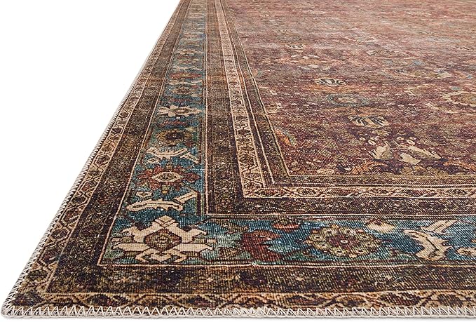Loloi Layla Collection LAY-01 Brick/Blue 9'-0" x 12'-0" .13" Thick Area Rug, Soft, Durable, Vintage Inspired, Distressed, Low Pile, Non-Shedding, Easy Clean, Printed, Living Room Rug