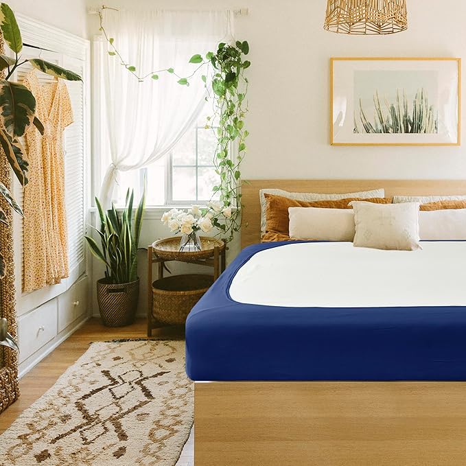 Biscaynebay Decorative Box Spring Cover King & Cal King Size, Navy Luxurious Jersey Knitting Stretchy Wrap Around 4 Sides Bed Skirt for Home/Hotels, Easy Fit Wrinkle & Fade Free Machine Washable