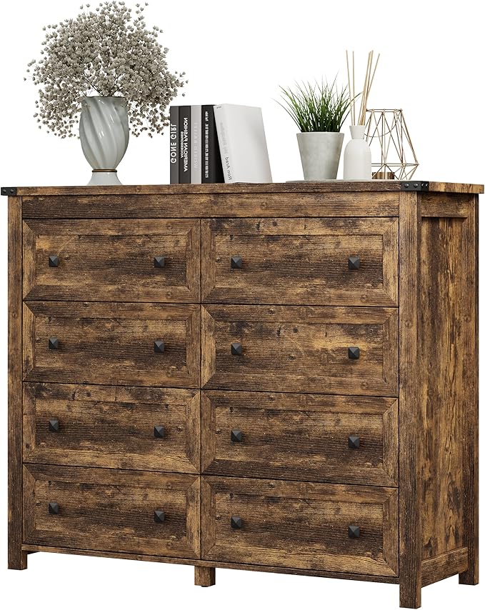 Dresser for Bedroom with 8 Drawers, Farmhouse Wood Chest of Drawers, Wide TV Stand Closet Storage Furniture with Metal Handle, Modern Clothes Organizer for Hallway, Living Room, Entryway, Brown