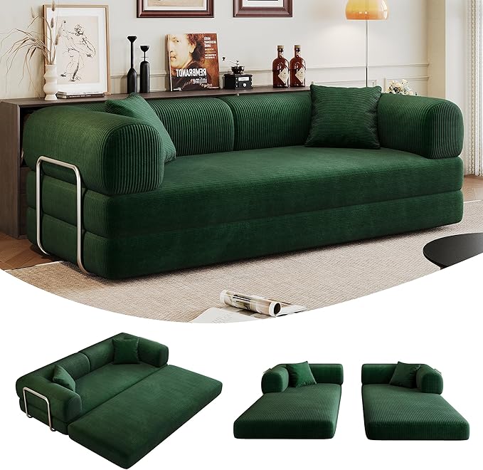 79" Convertible Sofa Bed, Corduroy Folding Pull Out Couch with Pillows, No Assembly Modern Boneless Couch Compression Sofa in Box, Floor Sofa with Support Rods for Living Room,Dark Green