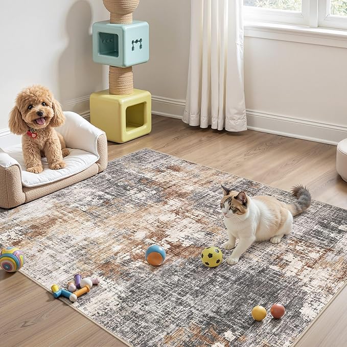 Area Rug Living Room Rugs - 4x6 Abstract Small Soft Indoor Washable Rug Neutral Modern Low Pile Carpet for Bedroom Dining Room Farmhouse Home Office - Grey Brown