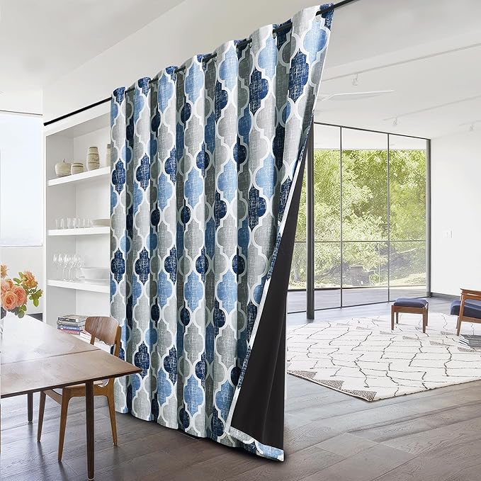 Beauoop 100% Blackout Curtains 96 Inches Long for Patio Sliding Door Blue Grey Extra Wide Moroccan Geo Room Darkening Thermal Soundproof Room Divider Grommet Window Treatment Drapes,100x96 Set of 1