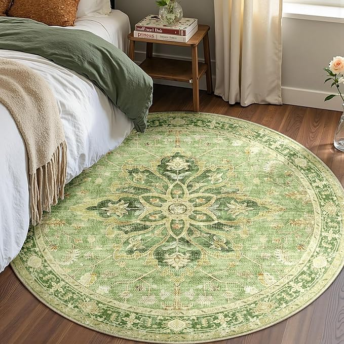 Area Rugs 8ft Washable Non-Slip, Floral Vintage Distress Print Pattern Medallion Carpet for Living Room Bedroom Dining Room, Sage Green Yellow