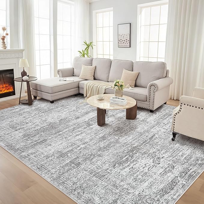 Area Rug Living Room Rugs - 5x7 Abstract Large Soft Indoor Washable Rug Neutral Modern Low Pile Carpet for Bedroom Dining Room Farmhouse Home Office - Vintage Grey
