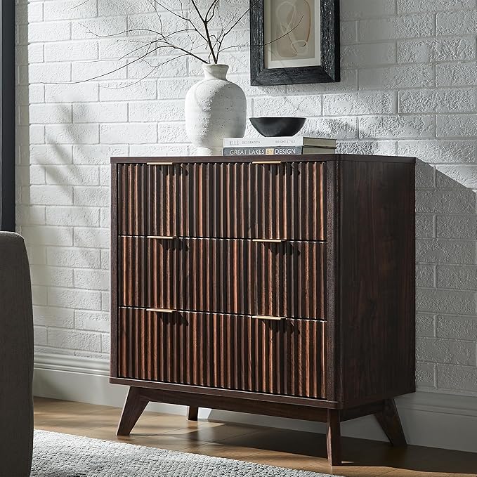 T4TREAM Fluted 3 Drawers Nightstand, Oversized Extra Large Modern Side Table, End Table Bedside for Bedroom, Living Room, Curved Profile Design, Dark Walnut