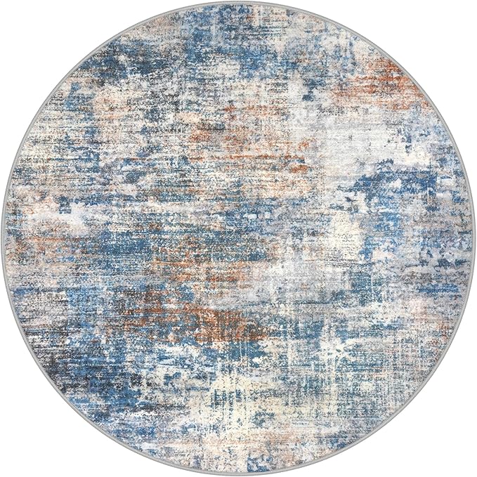 IOHOUZE Abstract Round Area Rug 8 Ft Washable Circle Rugs Large Round Rug Non Slip Thin Soft Circle Rugs, Printed Faux Wool Floor Carpet for Bedroom Living Room Dining Room Nursery, Blue Rust