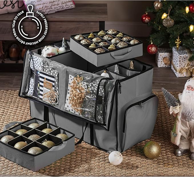 ZOBER All in One Christmas Ornament Storage Box & Decoration Container - Easy Access Removable Trays, Keeps 73 Ornaments - Adjustable Extent Area for Figurines and Pockets for Decoration - Gray