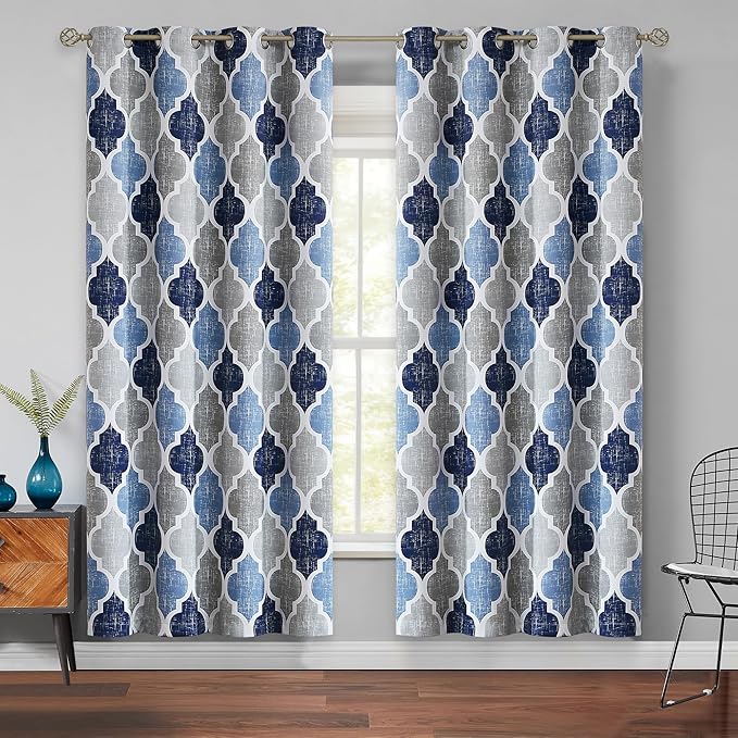 Beauoop 100% Blackout Curtains 72 Inches Long 2 Panels for Bedroom Living Room Blue Grey Moroccan Geo Room Darkening Thermal Insulated Soundproof Grommet Top Window Treatments Drapes, 50x72 Set of 2