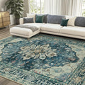 Area Rugs 7'x10' Washable Non-Slip, Floral Vintage Distress Print Pattern Medallion Carpet for Living Room Bedroom Dining Room, Dark Blue Vintage