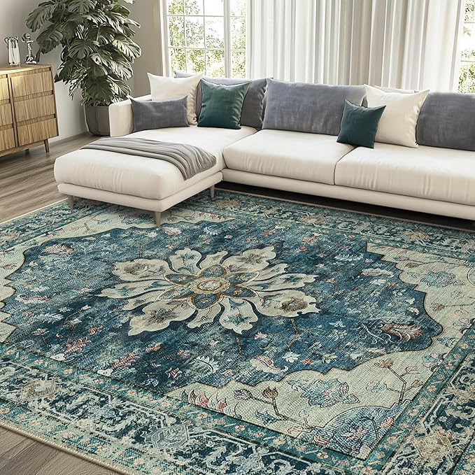 Area Rugs 7'x10' Washable Non-Slip, Floral Vintage Distress Print Pattern Medallion Carpet for Living Room Bedroom Dining Room, Dark Blue Vintage