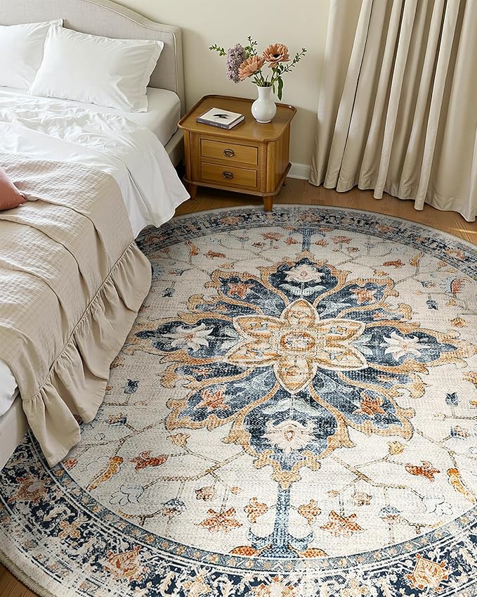 Area Rugs 7ft Washable Non-Slip, Floral Vintage Distress Print Pattern Medallion Carpet for Living Room Bedroom Dining Room, Beige Navy Blue Orange Colorful