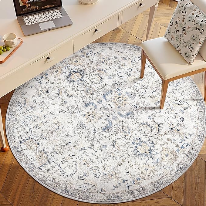 jinchan Kalen Round Rug 6ft Area Rug Washable Vintage Indoor Retro Accent Floor Cover Distressed Floral 6' Round Circle Boho Non Slip Thin Carpet for Living Room Dining Room Bedroom Kitchen Blue