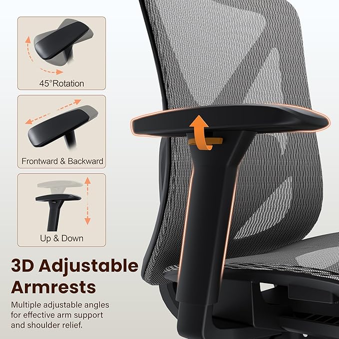 Ergonomic Office Chair, Mesh Computer Desk Chairs with Adjustable Lumbar Support, 3D Armrests, Tilt Function, Comfy Wide Seat, Swivel Executive Work Task Chair for Company and Home