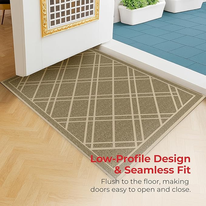 SlipToGrip Universal Door Mat, Plaid Design - Khaki, 42 x 35 - Anti Slip, Durable and Washable, Outdoor and Indoor Floor Welcome Mat - Front Door, Dust Absorbent