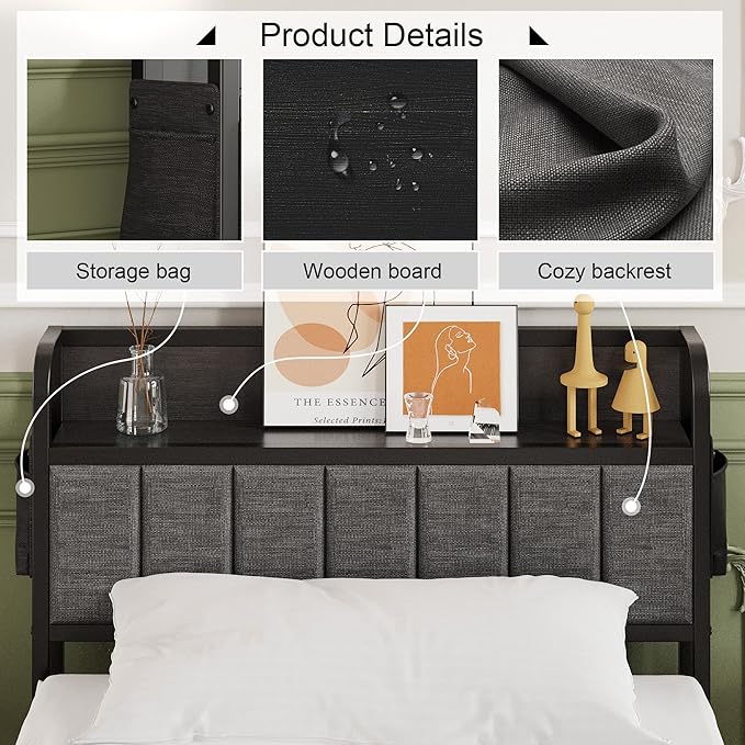 16 Inch Twin XL Bed Frames with Upholstered Storage Headboard, Heavy Duty XL Twin Bed Frame No Box Spring Need, Gray