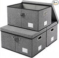 PRANDOM Storage Bins with Lids [3-Pack] Linen Fabric Foldable Storage Boxes Organizer Containers Baskets Cube with Cover Grey(23.4X15.9X11.4)