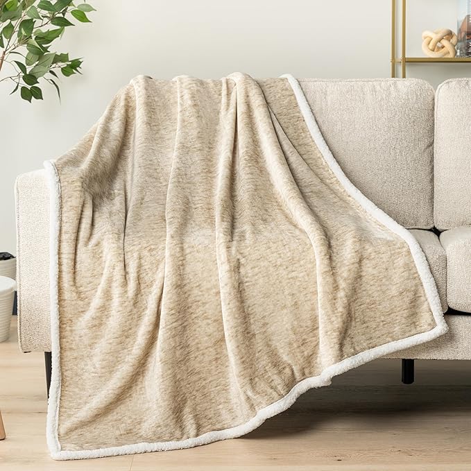 PAVILIA Melange Cream Sherpa Blanket Throw for Couch, Warm Soft Cozy Reversible Blanket Sofa Bed, Thick Plush Large Fleece Car Blanket, Decorative Home Room Decor Gifts Men Women, 50x60 Ivory Beige