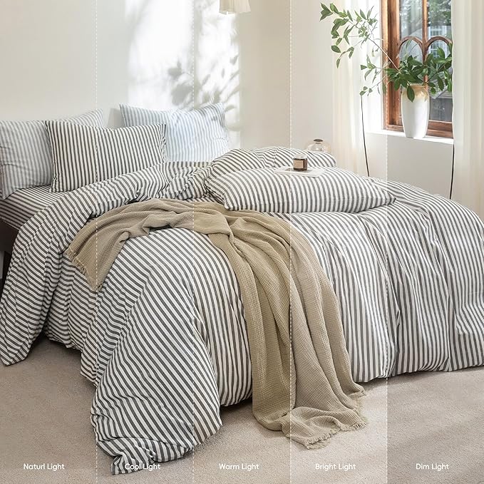 FOSSA Striped Duvet Cover Set 100% Washed Cotton Linen Feel Super Soft Breathable Cozy 3 Pieces Bedding Sets Dark Grey Classic Stripes Queen