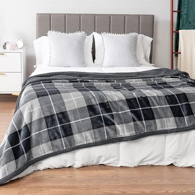 PAVILIA Premium Sherpa Twin Size Blanket | Plaid Design Flannel Fleece Twin Bed Blanket | Plush, Soft, Cozy, Warm, Lightweight Microfiber, Reversible, All Season Use (Plaid Charcoal , 60 x 80 Inches)