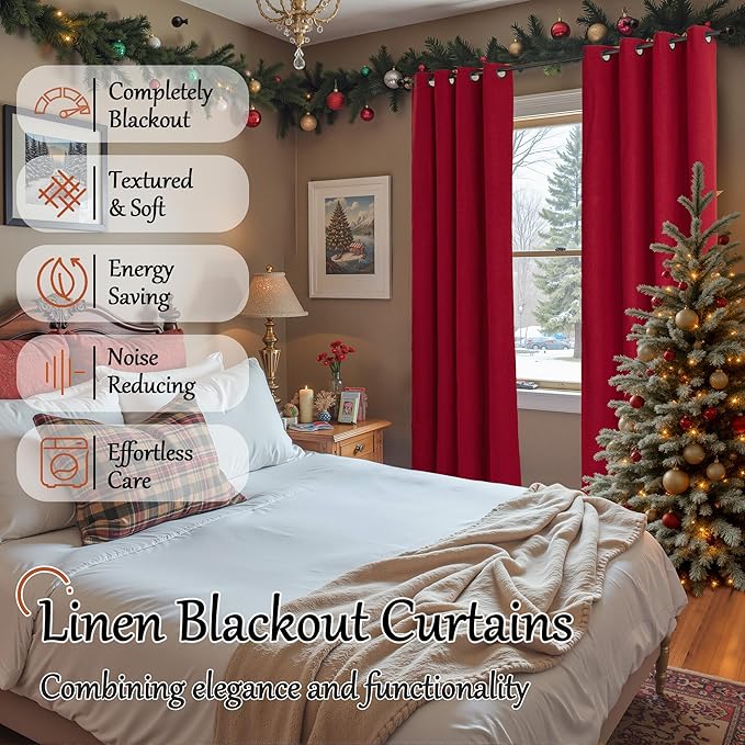 Red Linen Blackout Christmas Curtains for Living Room - Thermal Insulated Heavy Curtains 84 Inch Long, Thick Light Blocking Soundproof Curtains for Winter Bedroom Each 52x84 Inch 2 Panels